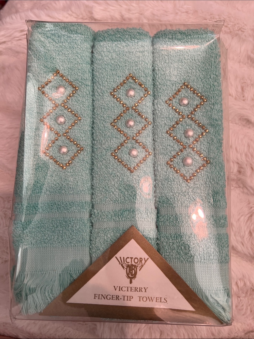 VTG Victerry Victory K&B Beaded Fingertip Towels Mint Green Set of 3 NOS